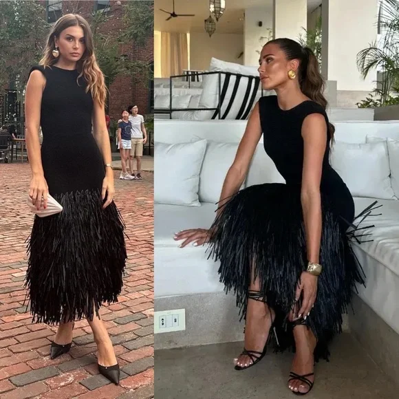 Aje Rushes Raffia Trimmed Ribbed Stretch Knit Dress Black - Picture 1 of 11